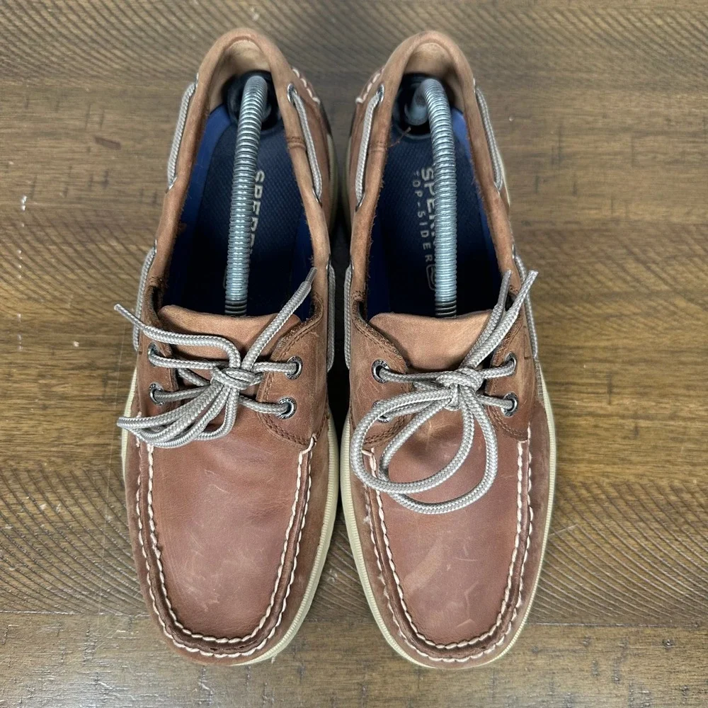 Sperry Intrepid Boat Shoes Mens 9 Brown Leather 2 Eye Wedge Sole Casual Loafers